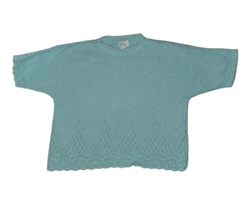 VINTAGE Village Fair Short Sleeve Sweater Aqua Blue Knit Top